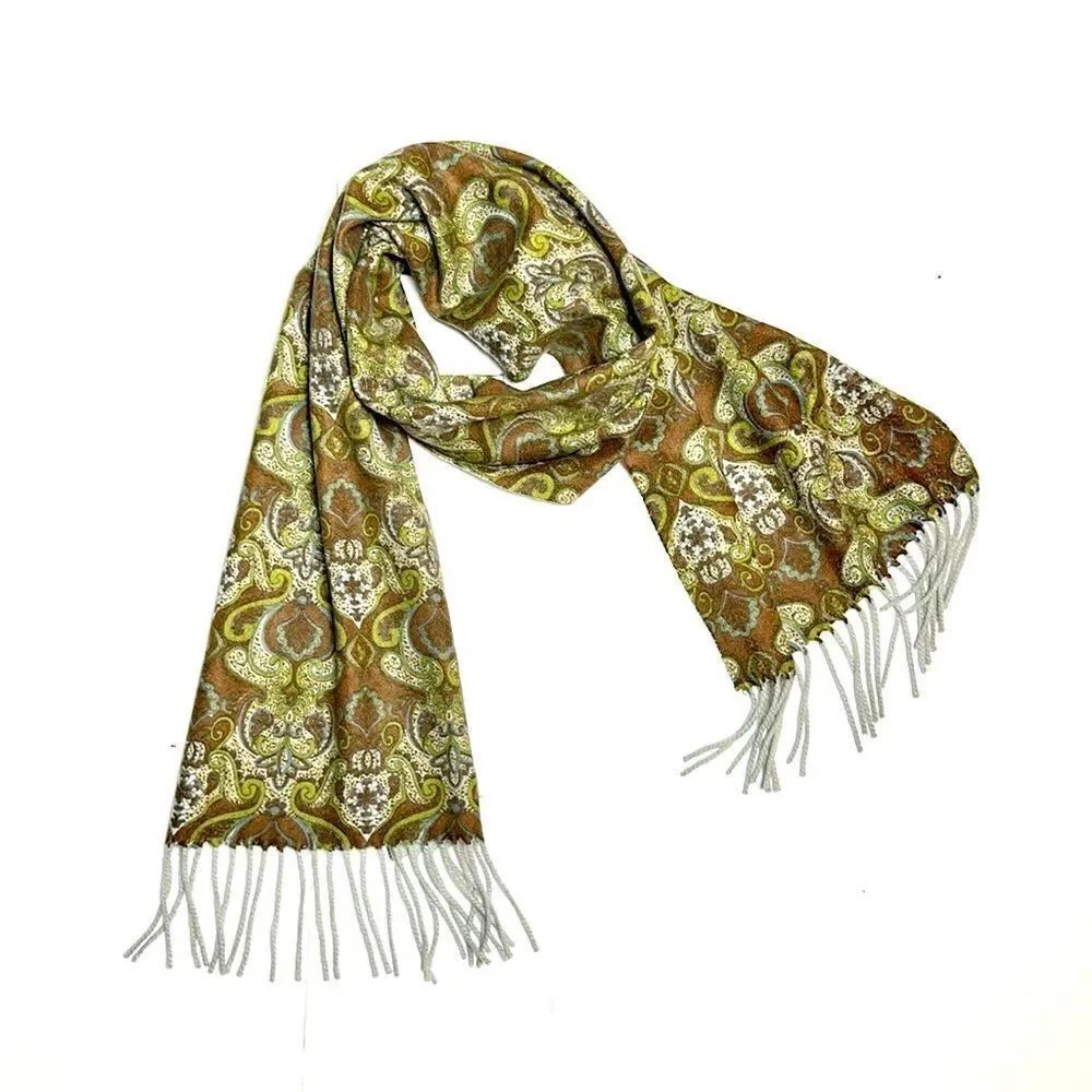 Amicale Cashmere Scarf with Fringe Double Sided Paisley Green Brown Gray